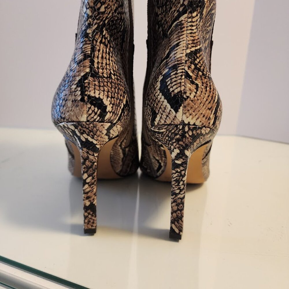 Vince Camuto Tan Snake Print Leather Mid-Calf Heeled Boots - Picture 7 of 11